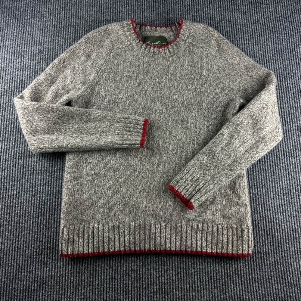 VTG Eddie Bauer Mens Gray Lambswool Blend Red Trim Crewneck Sweater Large